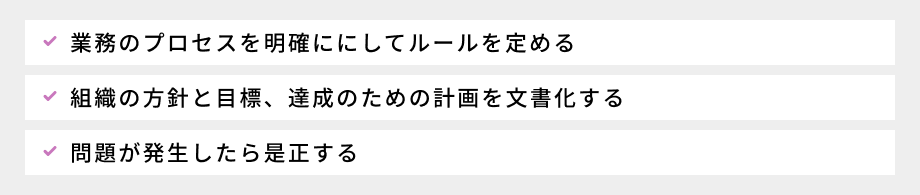 ISO9001の要求事項:①業務のプロセスを明確ににしてルールを定める、②組織の方針と目標、達成のための計画を文書化する、③問題が発生したら是正する