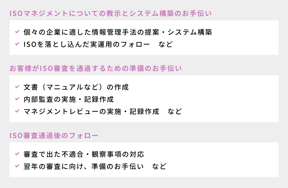 ①ISOマネジメントについての教示とシステム構築のお手伝い（個々の企業に適した情報管理手法の提案・システム構築／ISOを落とし込んだ実運用のフォローなど）、②お客様がISO審査を通過するための準備のお手伝い（文書（マニュアルなど）の作成／内部監査の実施・記録作成／マネジメントレビューの実施・記録作成など）、③ISO審査通過後のフォロー（審査で出た不適合・観察事項の対応／翌年の審査に向け、準備のお手伝いなど）